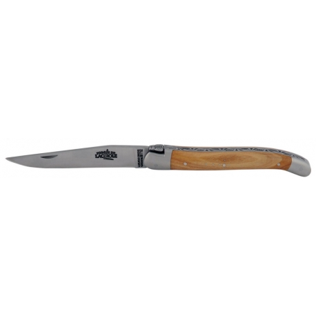 Couteau de laguiole 12 cm bois d'olivier et inox satiné, forge de Laguiole